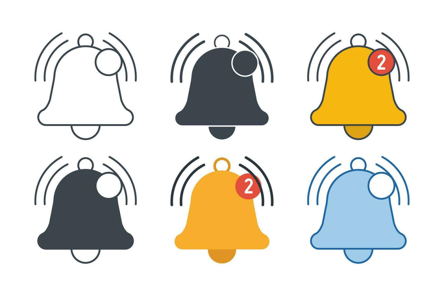 Notification bell icon collection with different styles. Ringing bell and notification for clock and smartphone, alarm alert icon symbol vector illustration isolated on white background