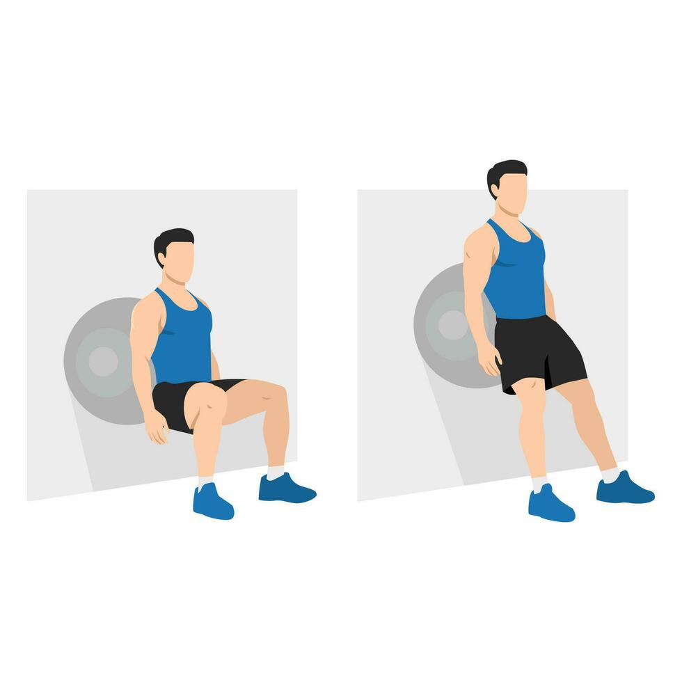 Man doing Stability or Swiss ball wall squat exercise. vector