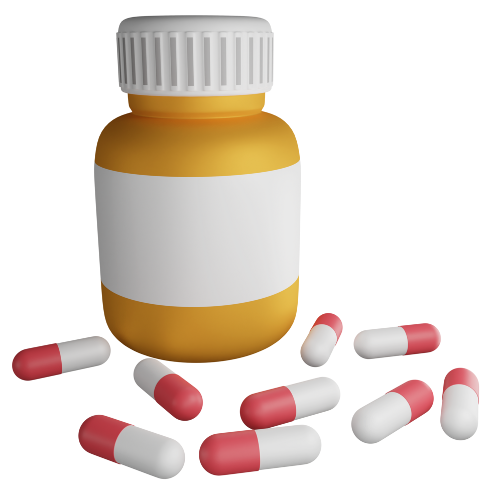 Pill bottle and pills capsule clipart flat design icon isolated on transparent background, 3D render medication and health concept png