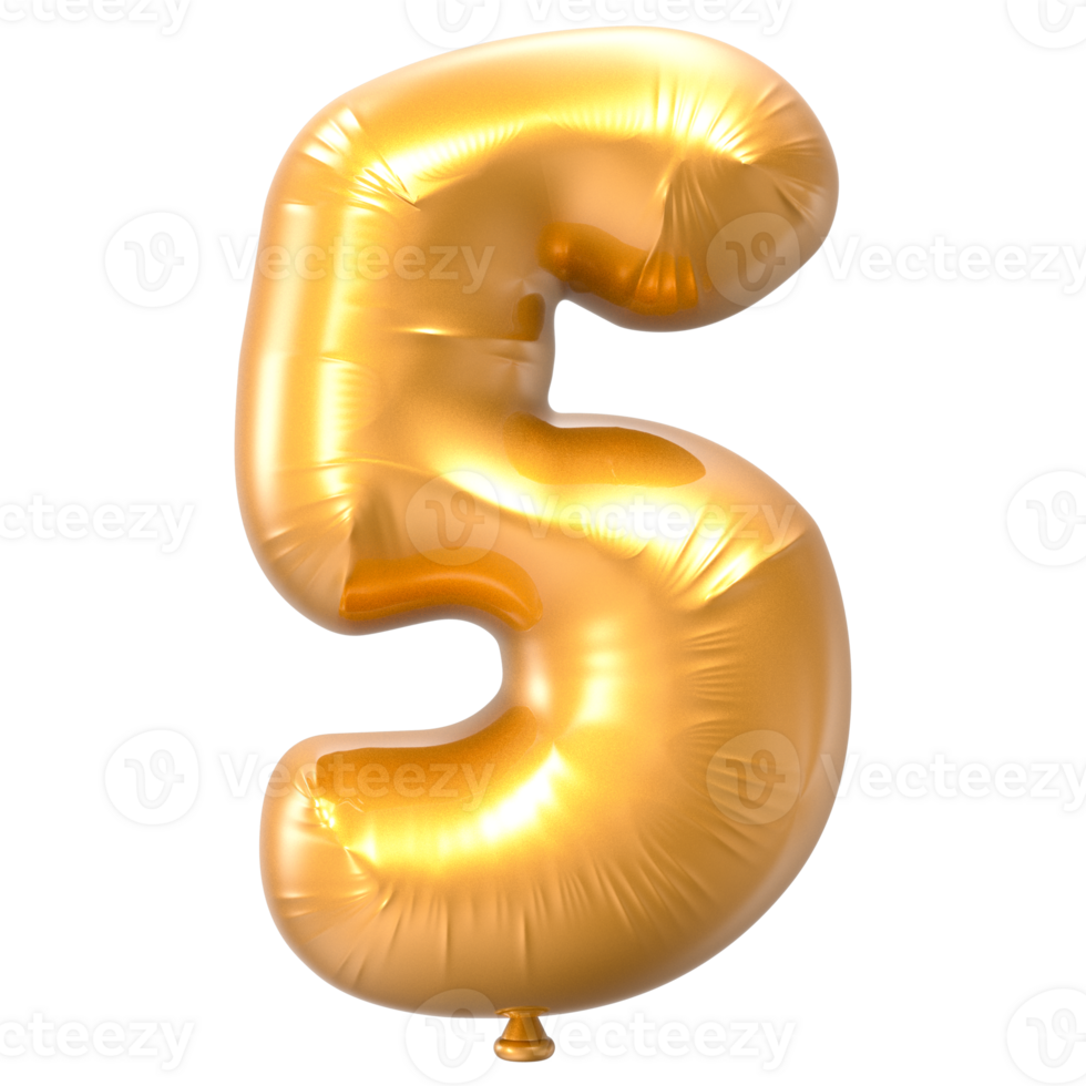 5 Balloon Number Gold 3D Rendering png