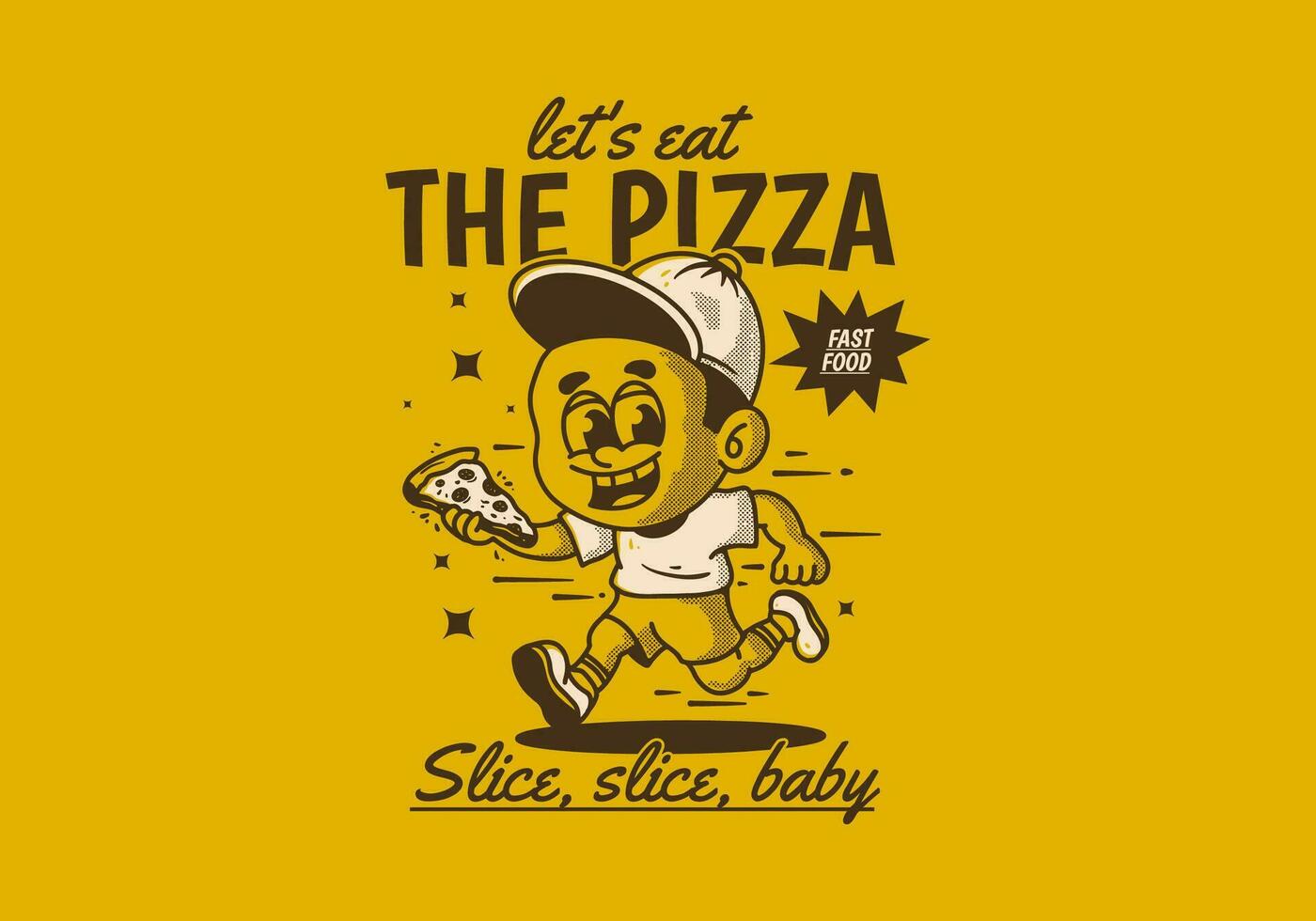 vamos comer el Pizza. chico personaje corriendo y participación un rebanada Pizza vector