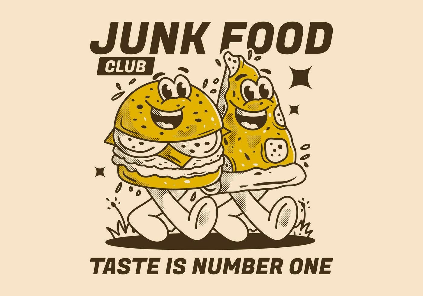 Junk Food club, taste is number one. Character illustration of walking burger and pizza vector