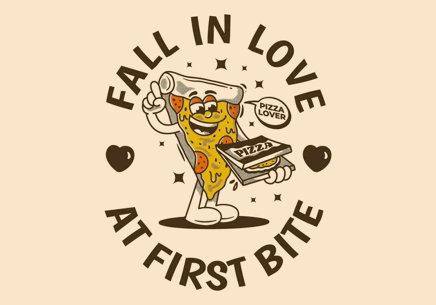 Fall in love at first bite. Character of pizza holding a box pizza vector