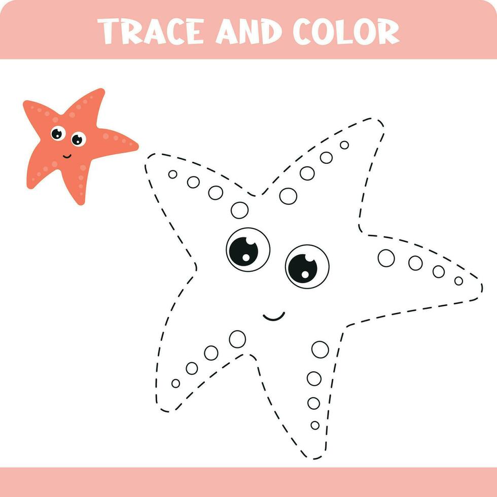 Handwriting practice for kids with Trace and color the starfish . Educational activity worksheets. vector