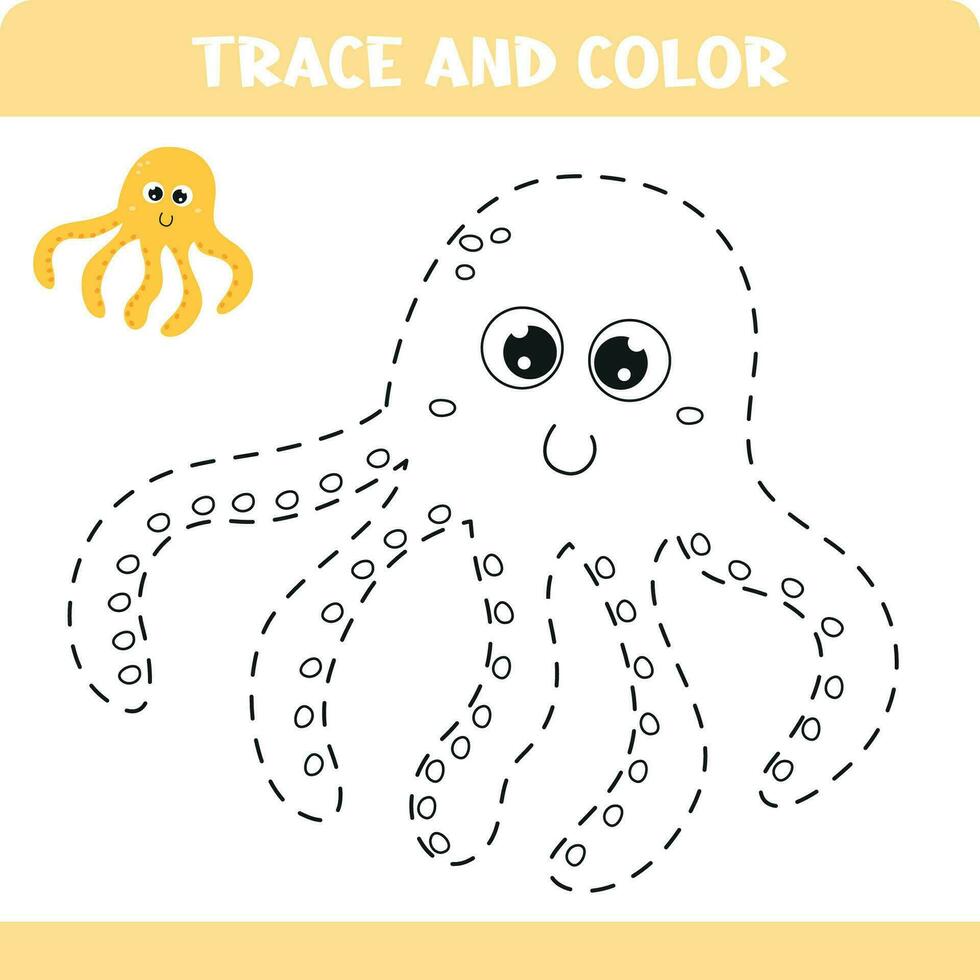 Trace the octopus handwriting practice for kids. Educational activity worksheets. vector