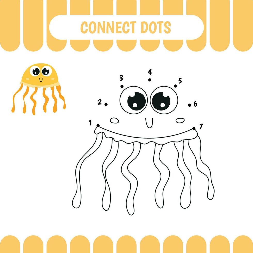 Connect dots and color Jellyfish. Dot to dot activity worksheet for kids.  Vector Illustration.