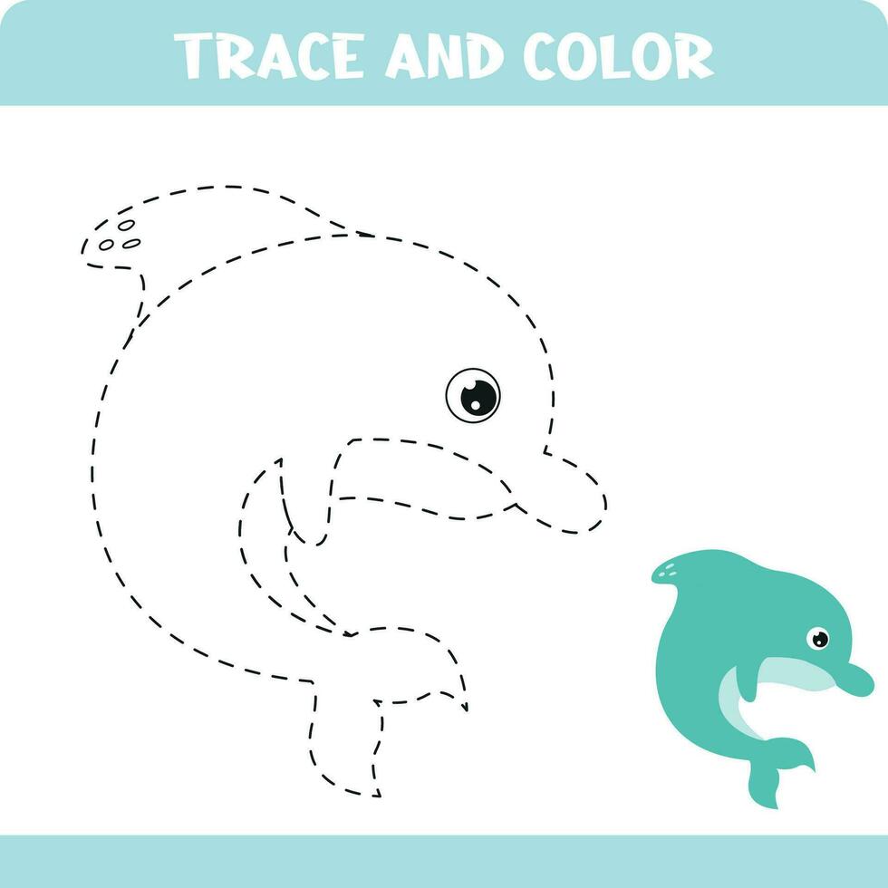 Handwriting practice for kids with Trace the dolphin . Educational activity worksheets. vector