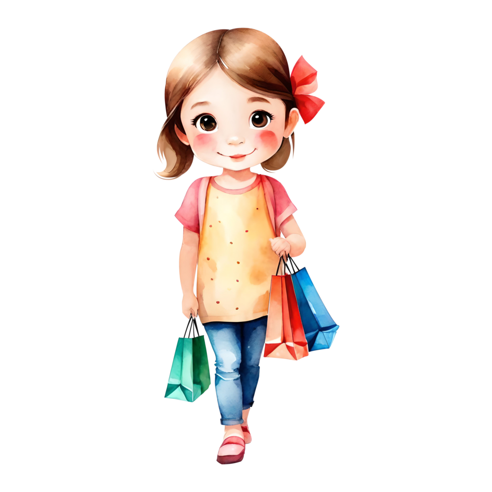 élégant et mignonne peu Shopaholic fille dans isolé transparent ai génératif illustration clipart png