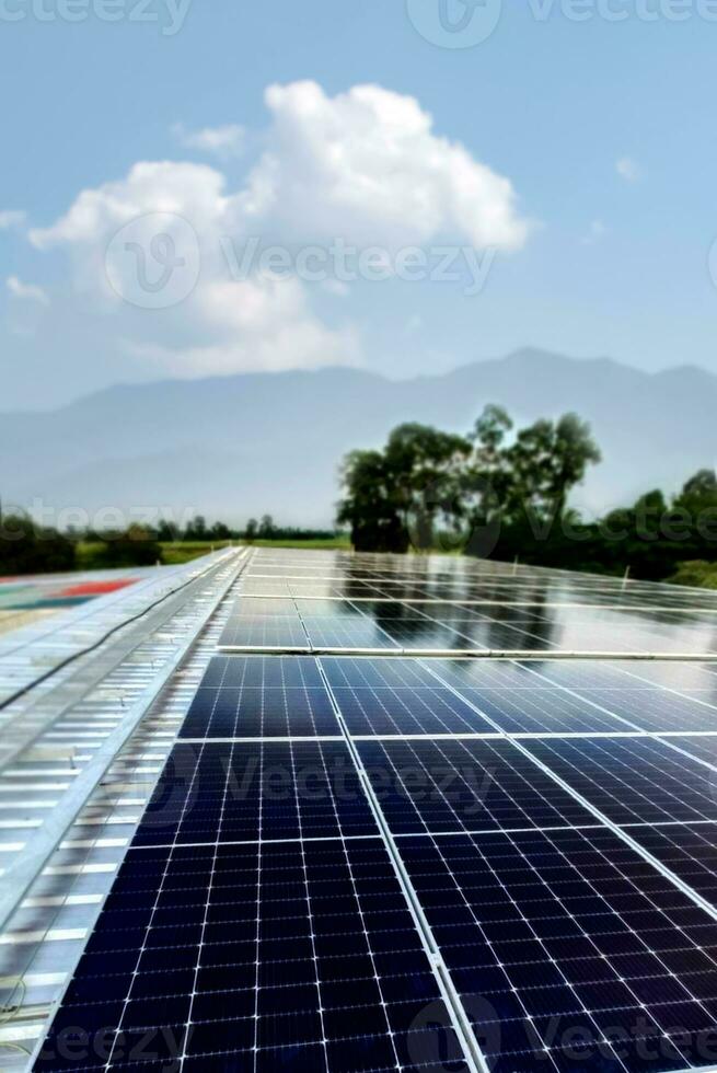 Photovoltaic panel, new technology to store and use the power from the nature with human life, sustainable energy and environmental friend concept. photo