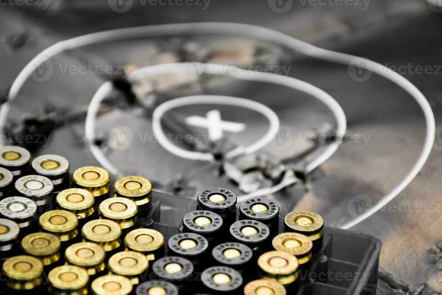 9mm pistol gun bullets on dark leather background, soft focus, new edited, concept for shooting sports and training to protect human life and property around the world. photo