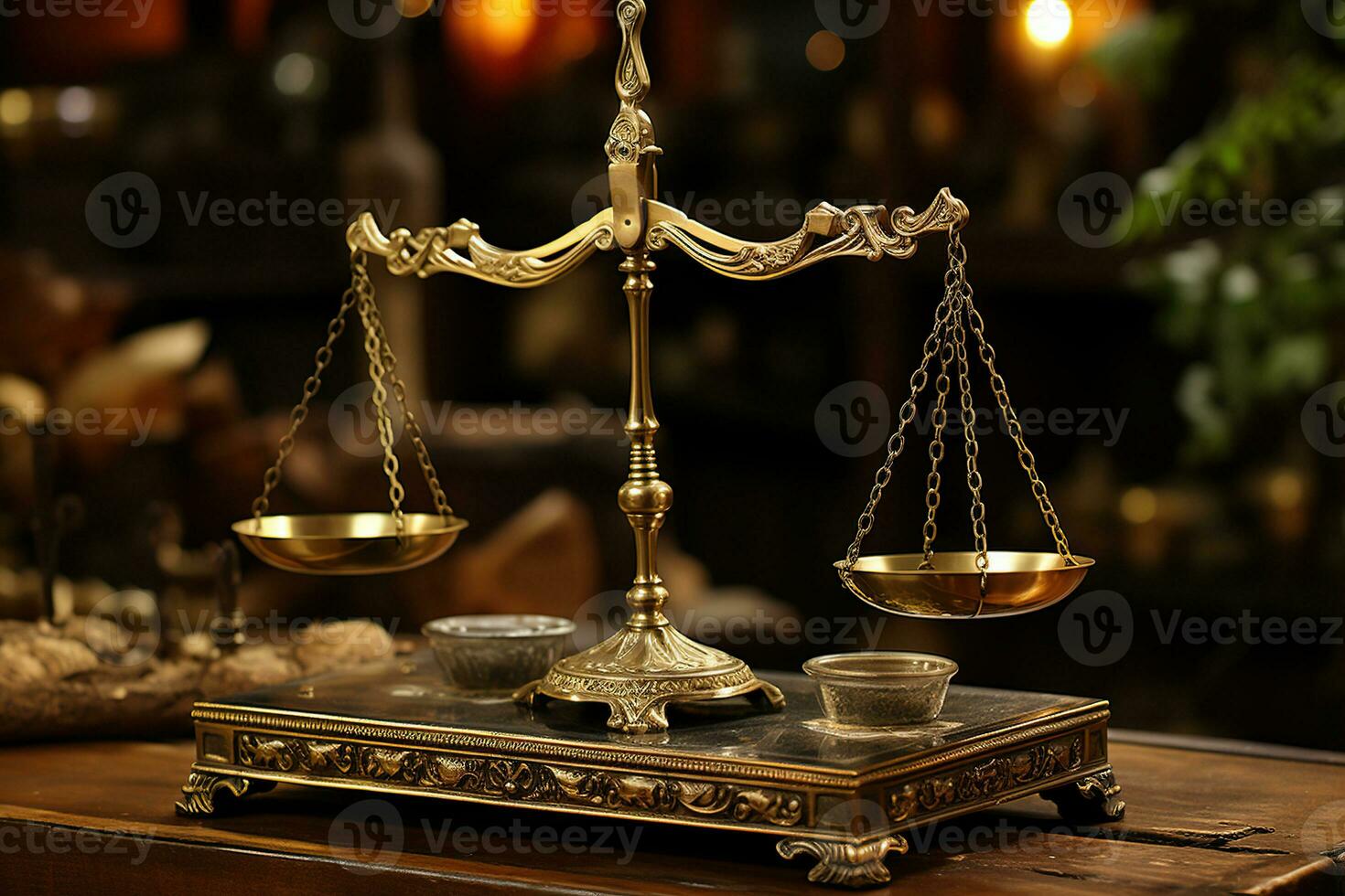 Golden scales of justice on a wooden table with a blurred background. Generated by artificial intelligence photo