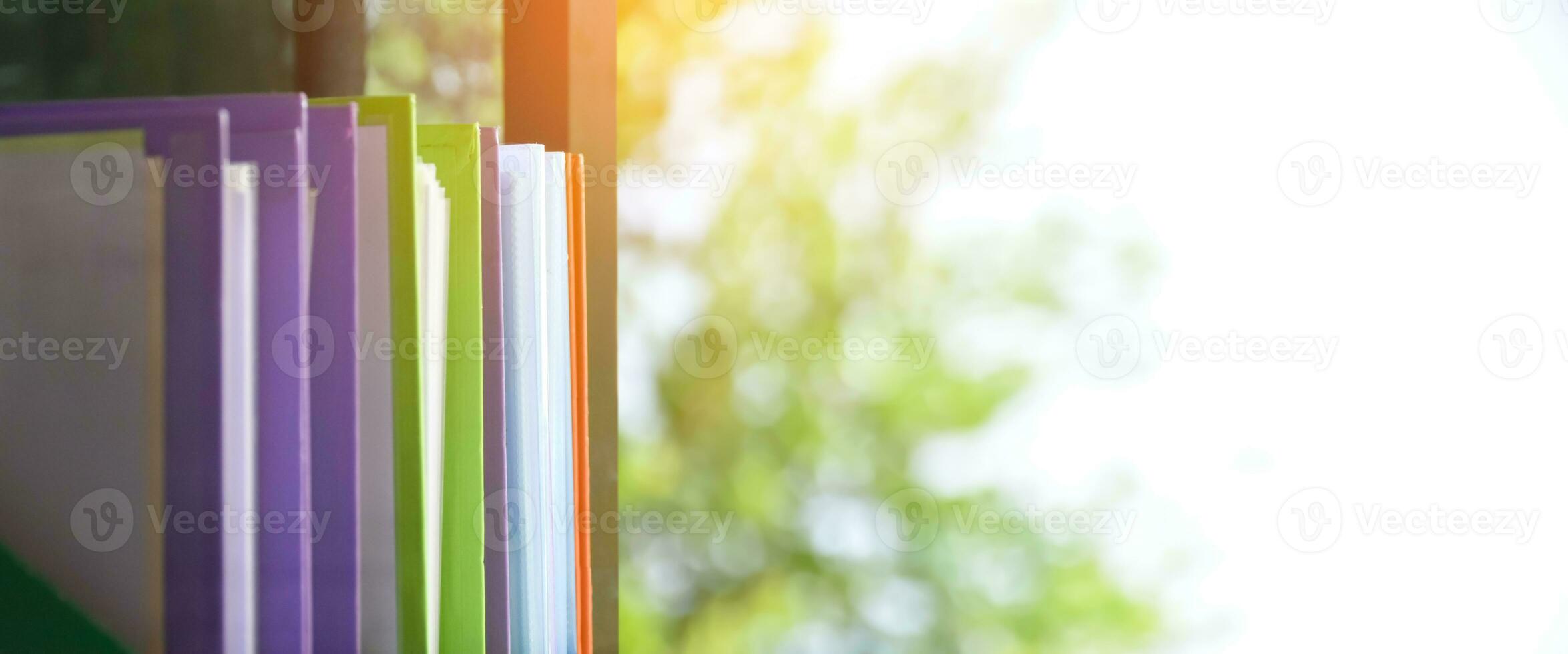 Back view of various plastic file folders for storing important documents in a file box for neatness and easy finding places near transparent glass window, blurred edited background. photo