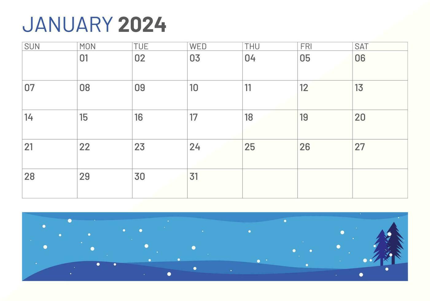 Classic monthly calendar of January for 2024. Calendar in the style of minimalist square shape vector