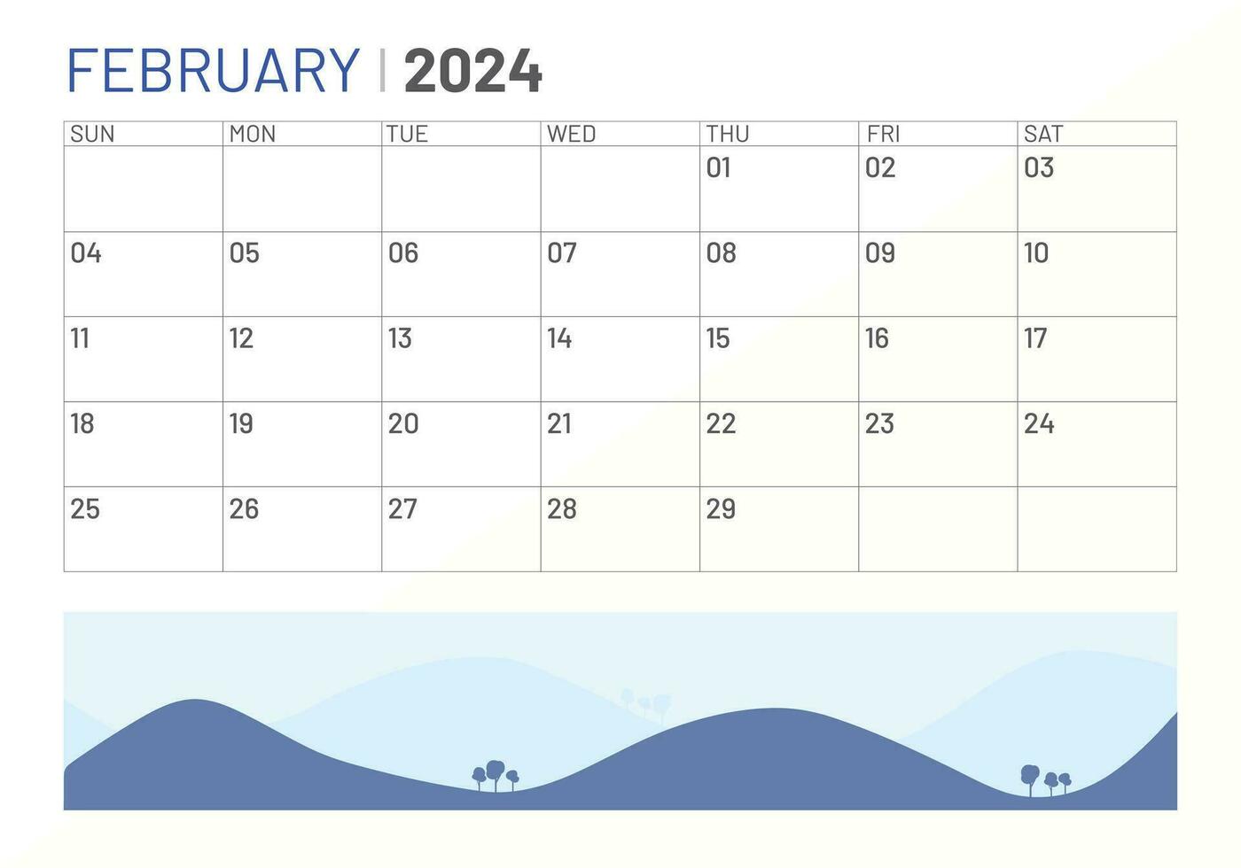 Classic monthly calendar of February for 2024. Calendar in the style of minimalist square shape vector
