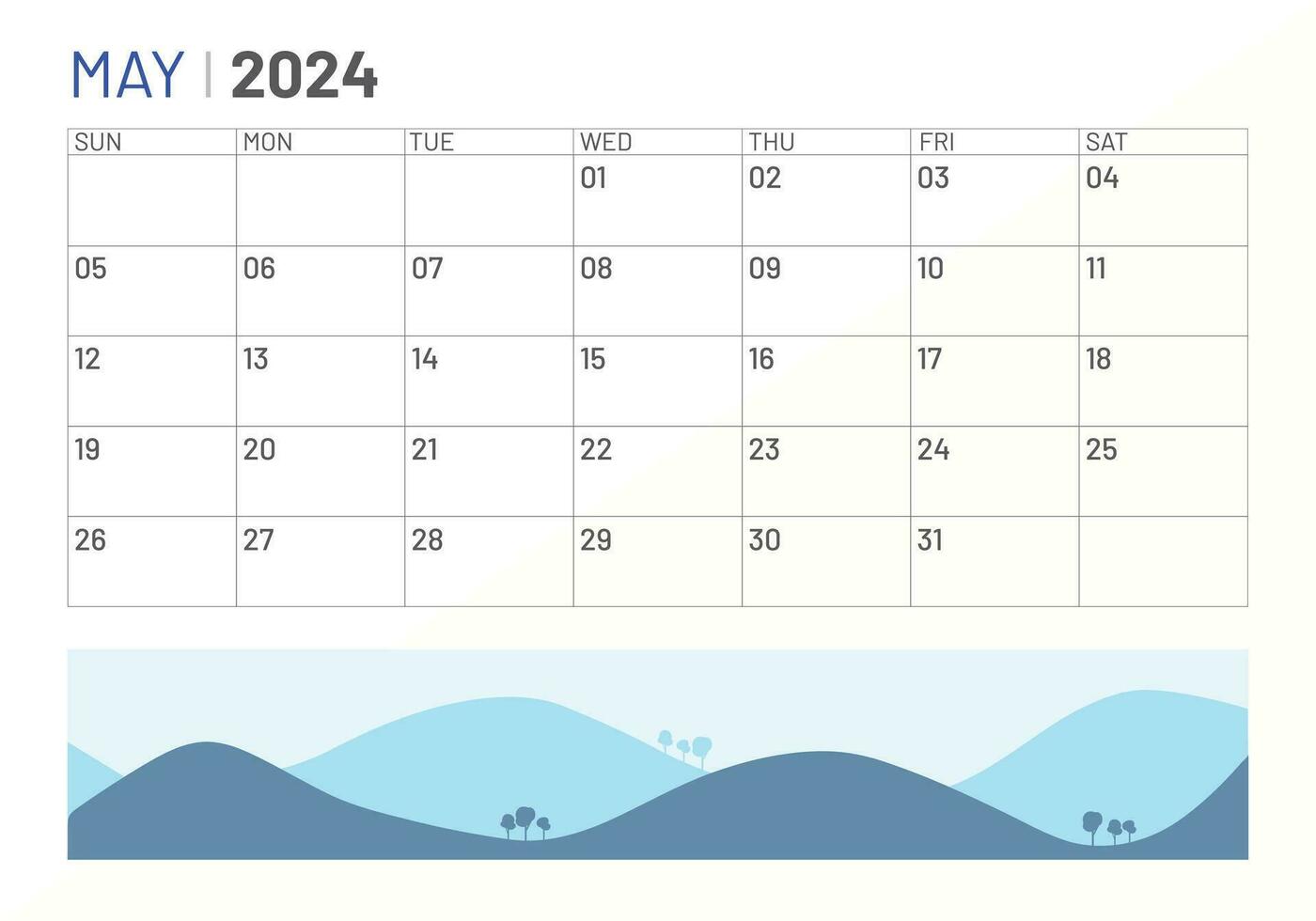 Classic monthly calendar of May for 2024. Calendar in the style of minimalist square shape vector