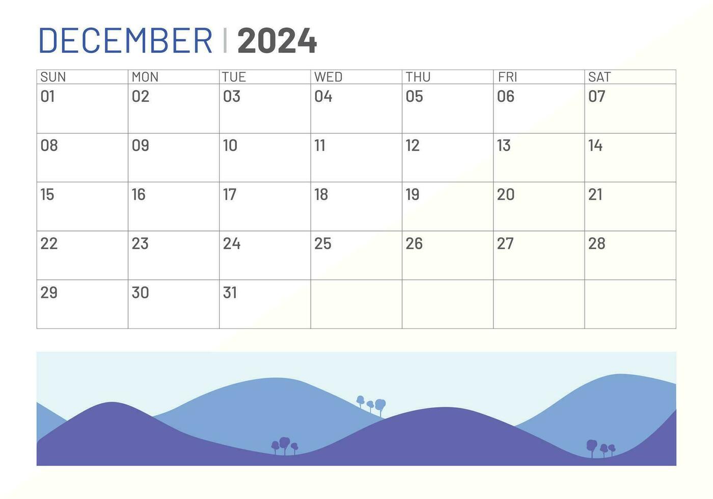 Classic monthly calendar of December for 2024. Calendar in the style of minimalist square shape vector