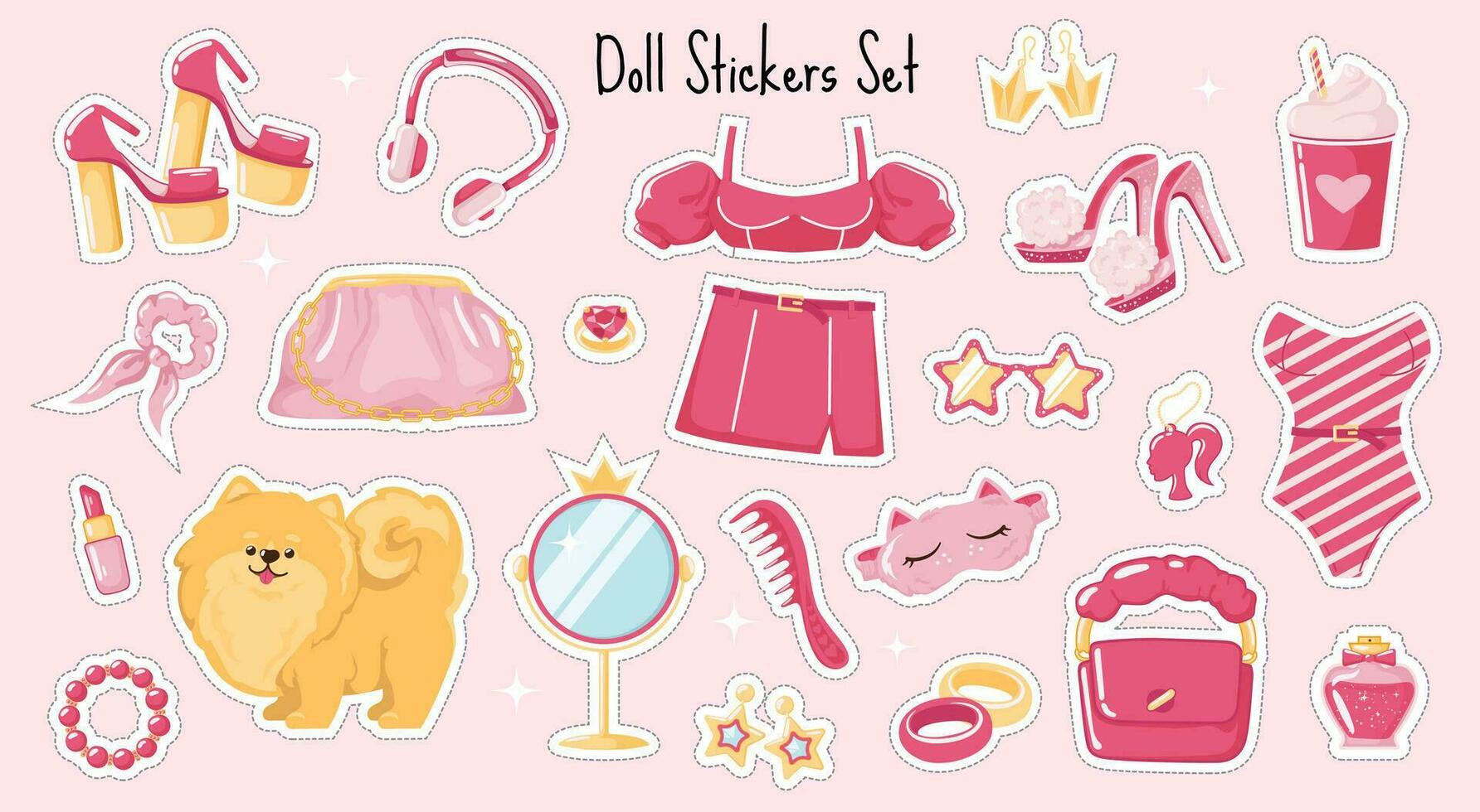 Pink basic doll set stickers. Trendy barbiecore style fashionable clothes vector