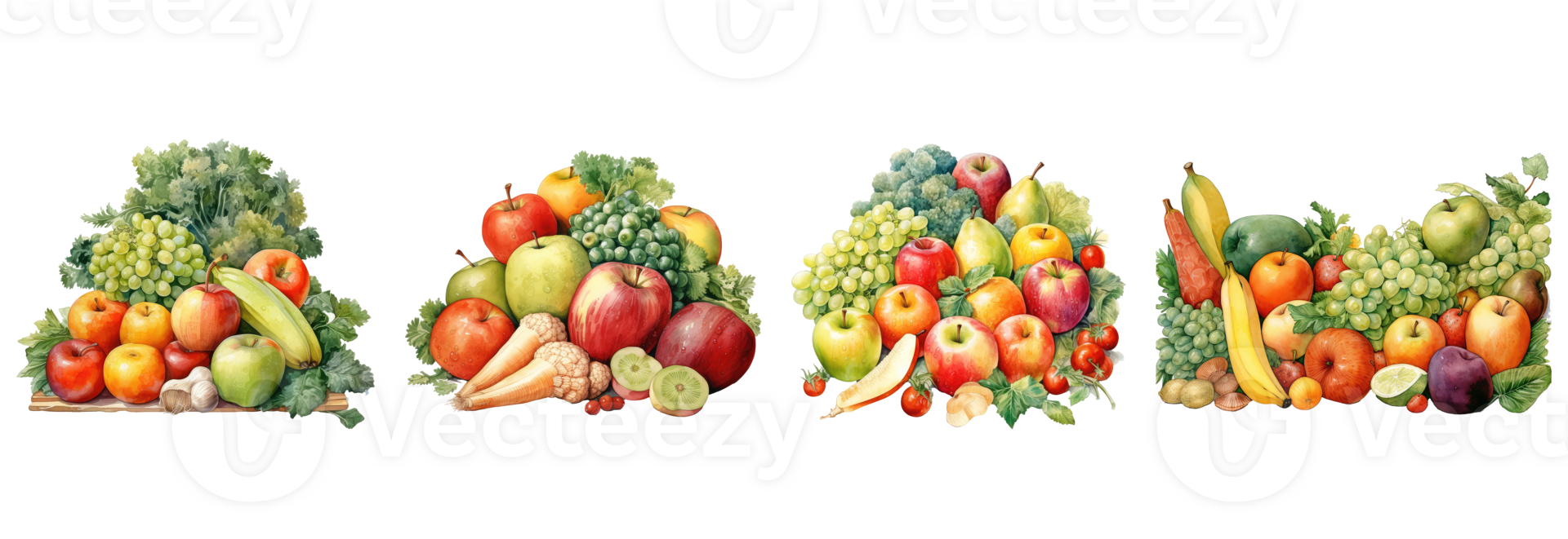 watercolor variety of fruits and veggies like apples, orange, bananas, kiwi, carrots, broccoli . AI Generated png