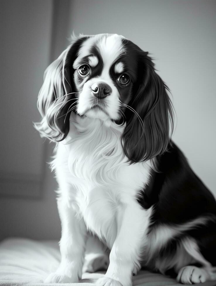 Happy Cavalier King Charles Spaniel Dog Black and White Monochrome Photo in Studio Lighting