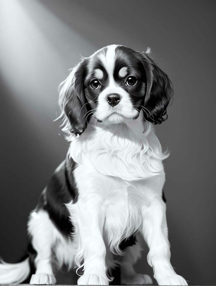 Happy Cavalier King Charles Spaniel Dog Black and White Monochrome Photo in Studio Lighting