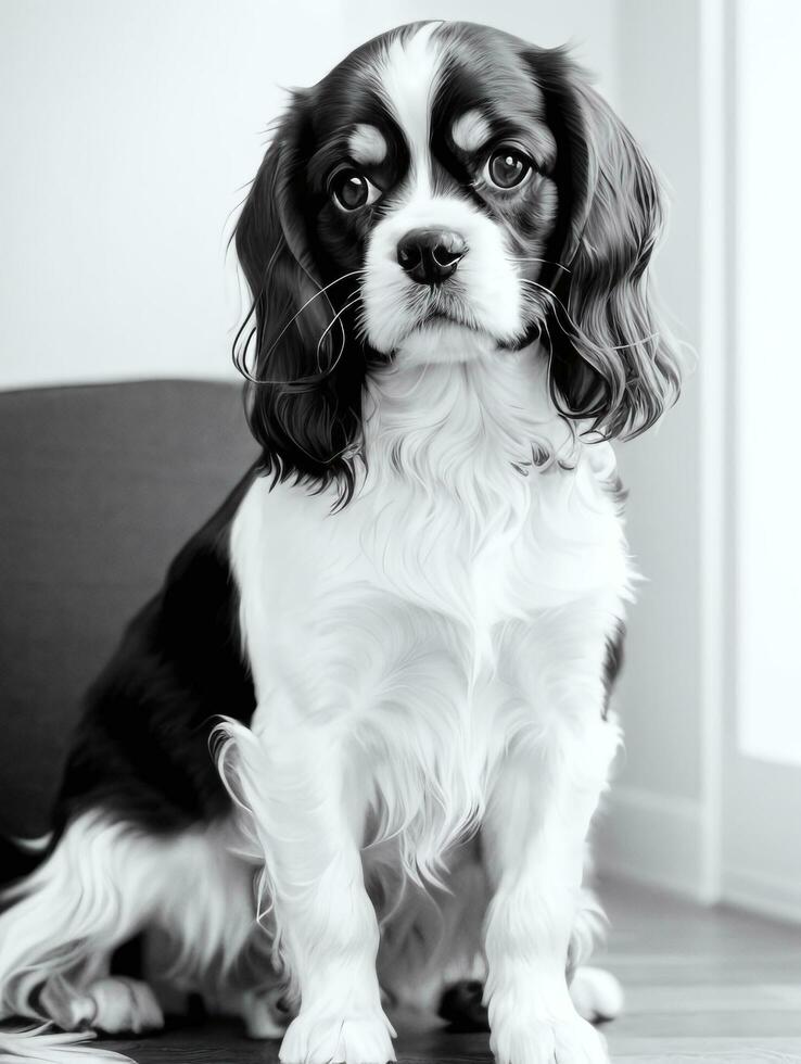 Happy Cavalier King Charles Spaniel Dog Black and White Monochrome Photo in Studio Lighting