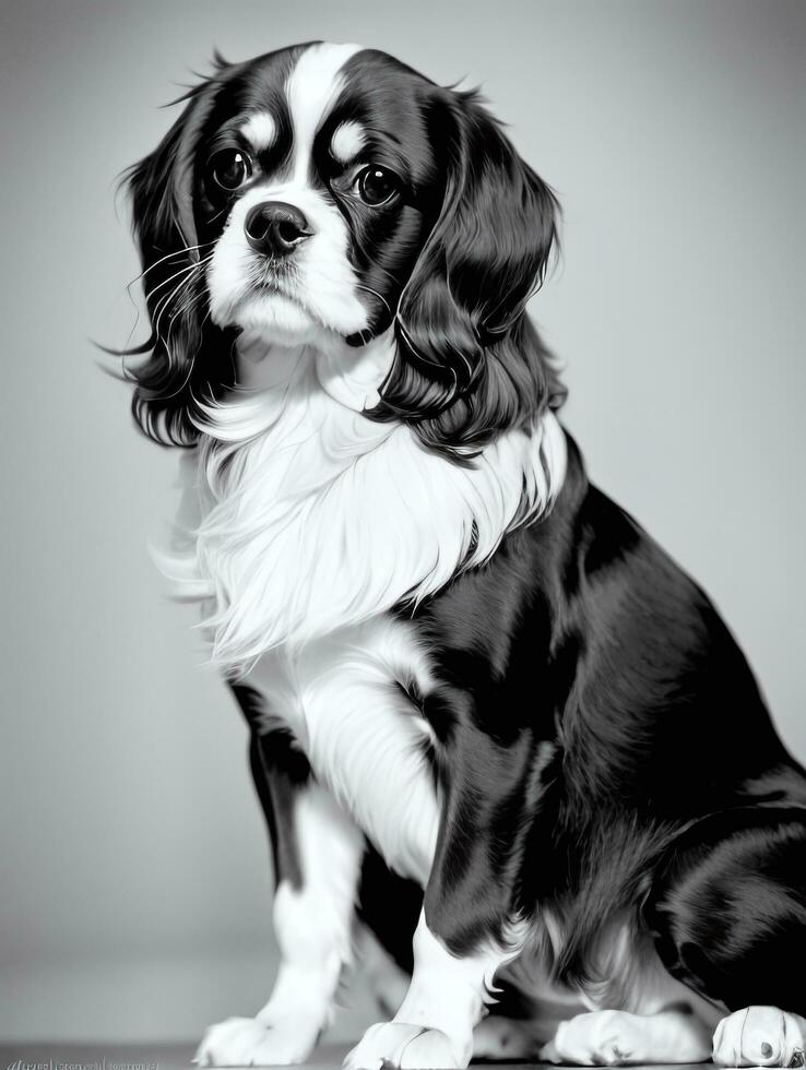 Happy Cavalier King Charles Spaniel Dog Black and White Monochrome Photo in Studio Lighting