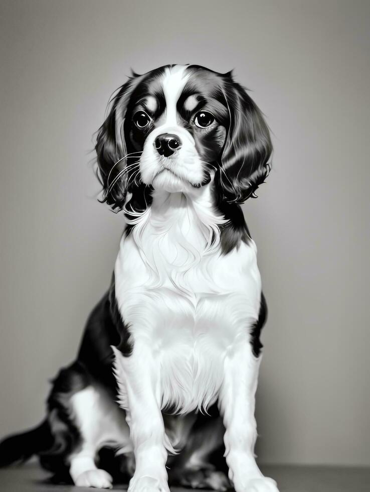 contento caballero Rey Charles spaniel perro negro y blanco monocromo foto en estudio Encendiendo
