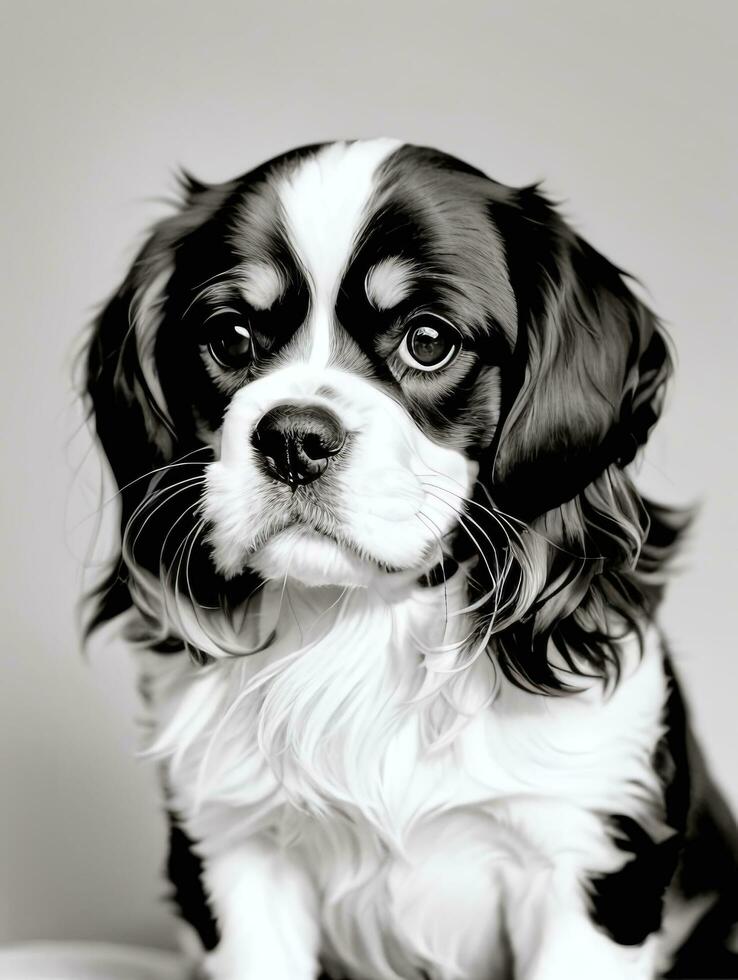 Happy Cavalier King Charles Spaniel Dog Black and White Monochrome Photo in Studio Lighting