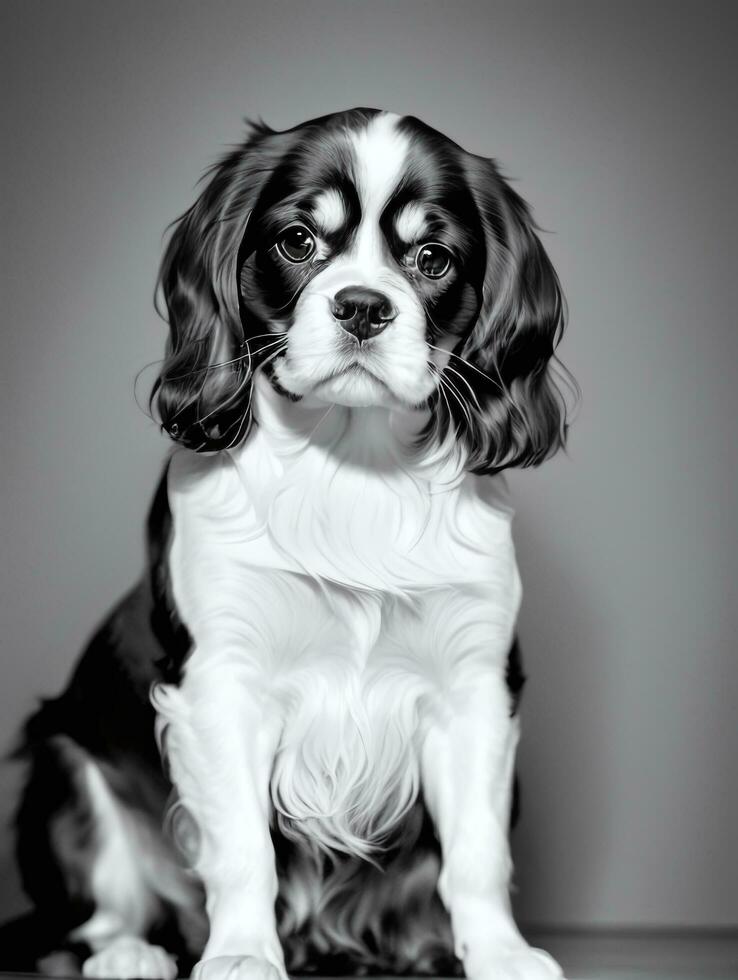 contento caballero Rey Charles spaniel perro negro y blanco monocromo foto en estudio Encendiendo