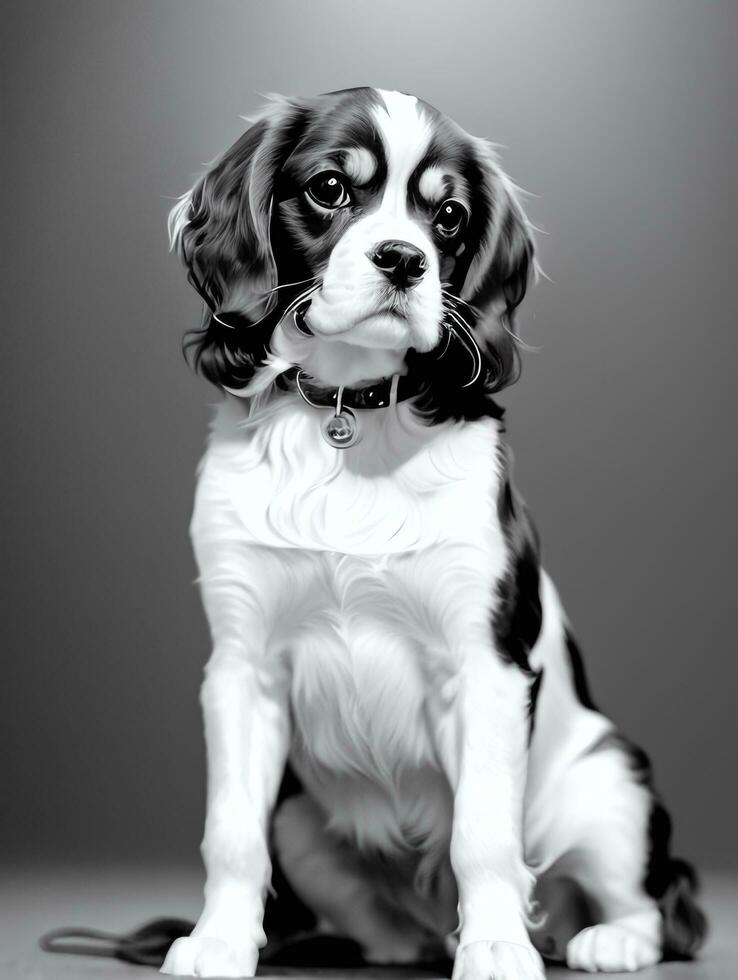 contento caballero Rey Charles spaniel perro negro y blanco monocromo foto en estudio Encendiendo