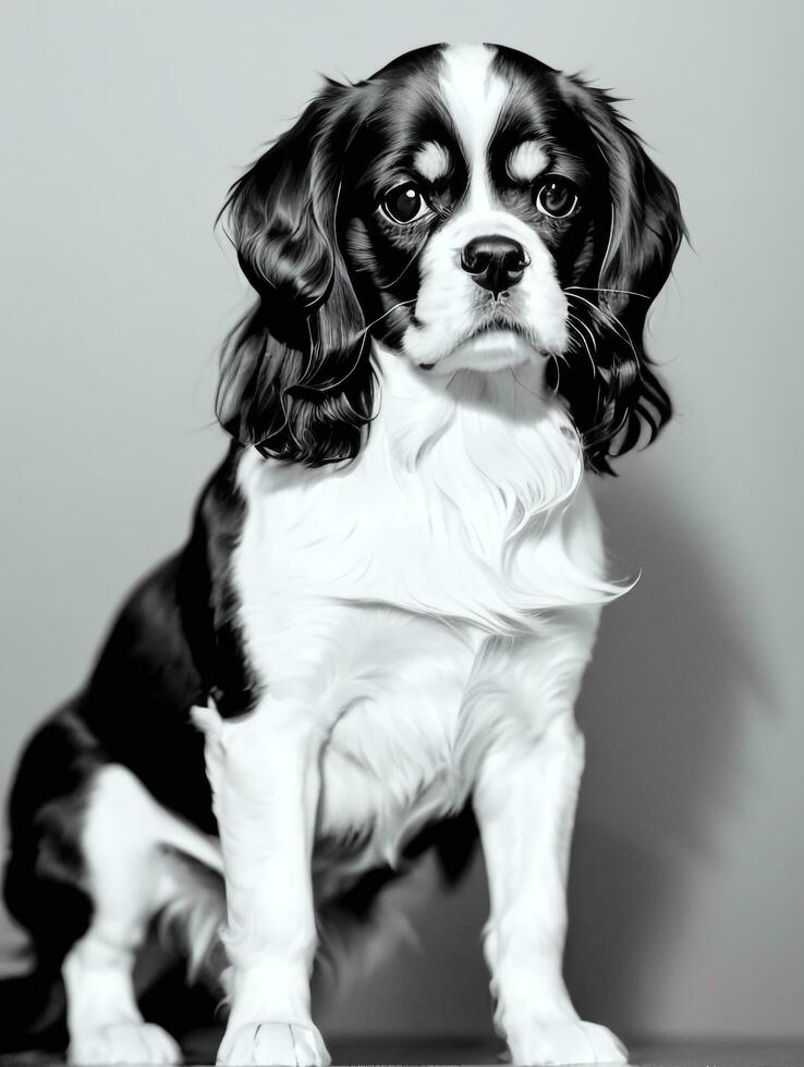 Happy Cavalier King Charles Spaniel Dog Black and White Monochrome Photo in Studio Lighting