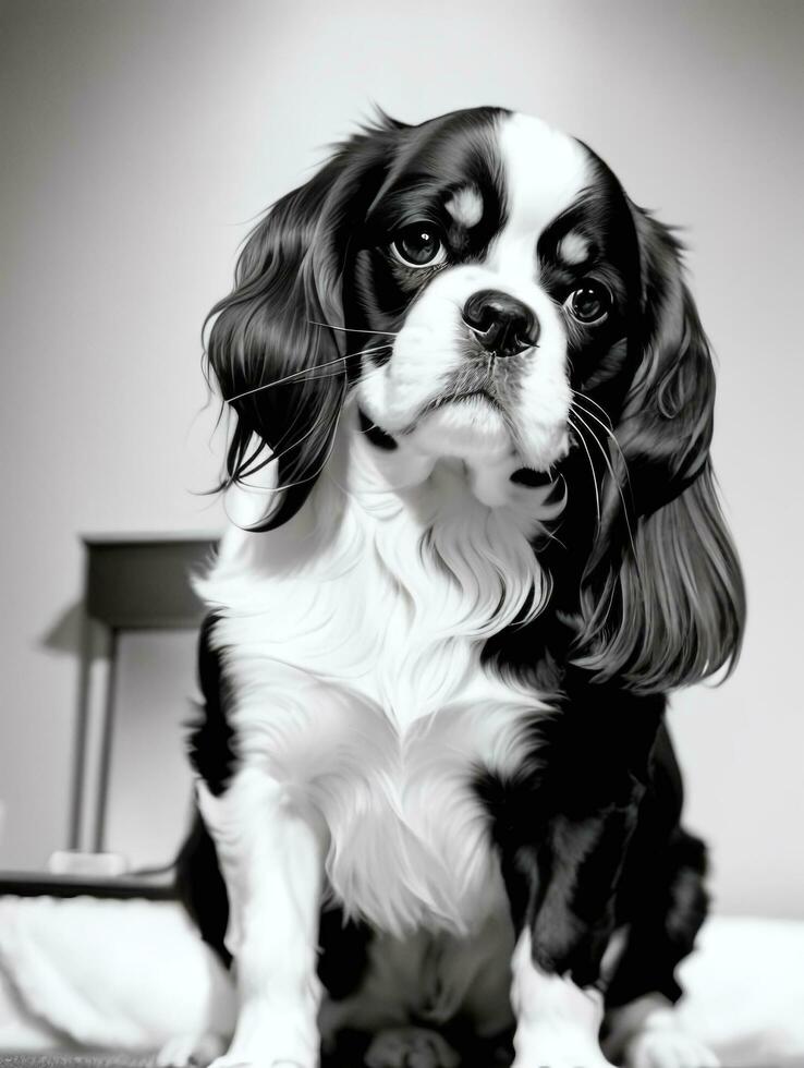 Happy Cavalier King Charles Spaniel Dog Black and White Monochrome Photo in Studio Lighting
