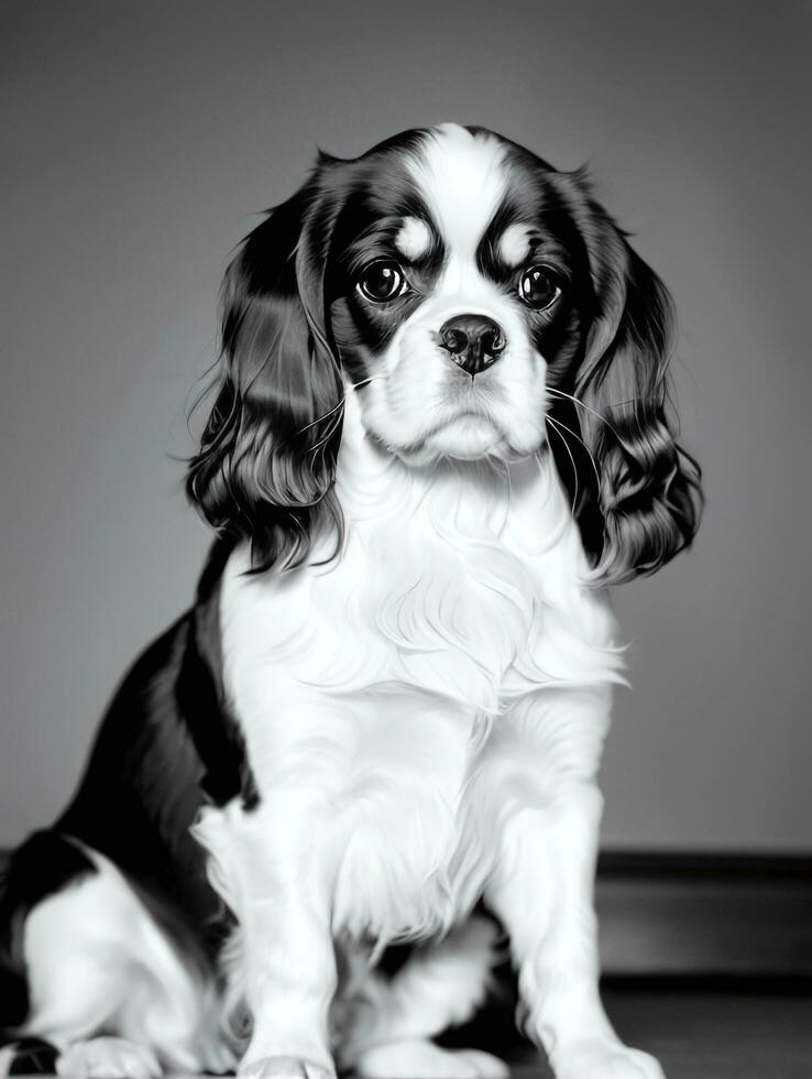 Happy Cavalier King Charles Spaniel Dog Black and White Monochrome Photo in Studio Lighting
