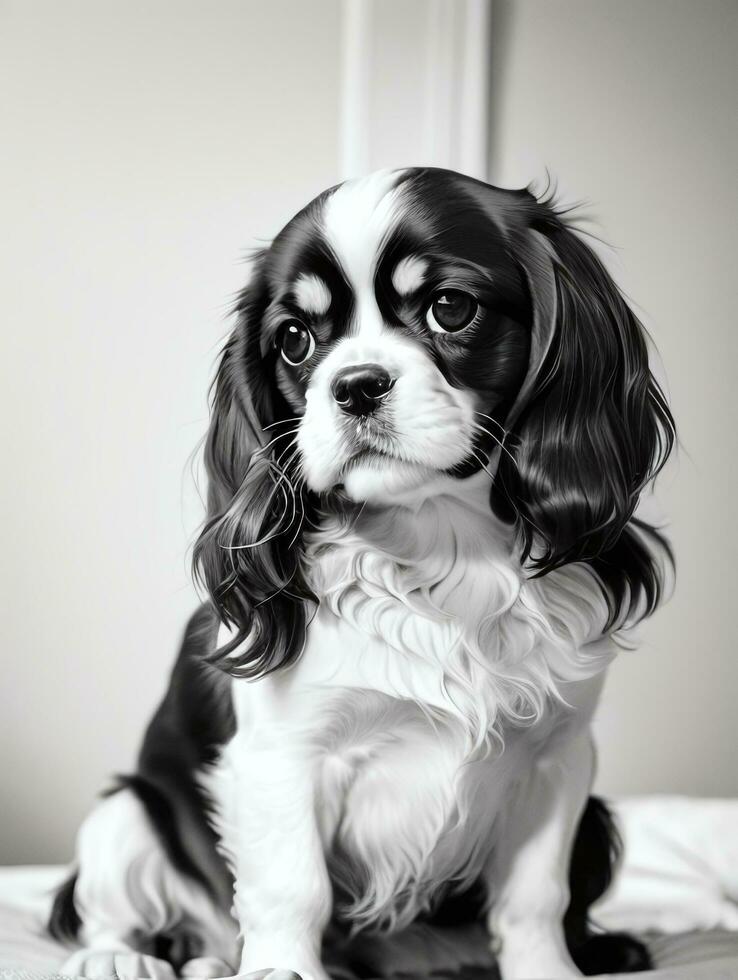 Happy Cavalier King Charles Spaniel Dog Black and White Monochrome Photo in Studio Lighting