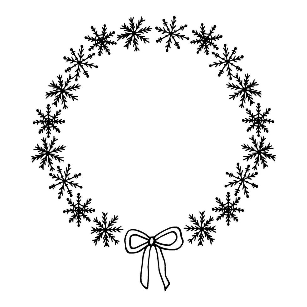 Christmas round wreath or frame made of snowflakes with a bow. Decoration for festive winter decoration. New Year Christmas. Simple graphics in doodle style. Hand drawn illustration. vector