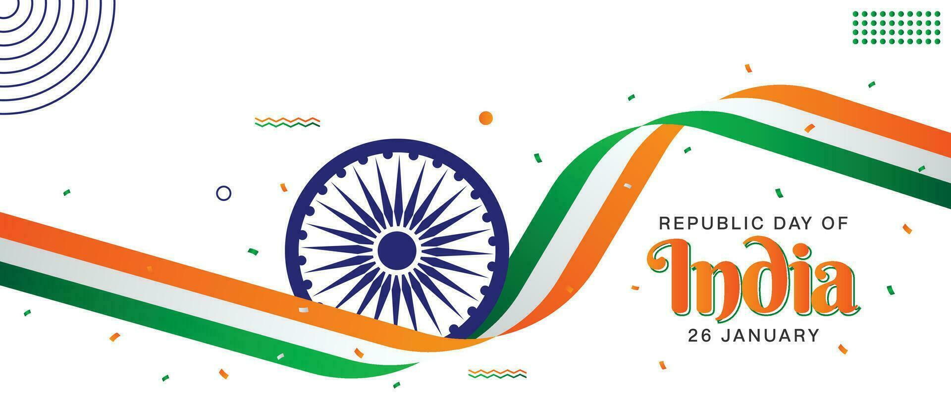 contento república día con 26 enero texto bandera plantilla, república día tipografía y moderno vector caligrafía diseño. tri color India bandera con 3d ashoka rueda decorado antecedentes diseño