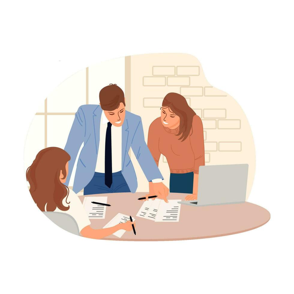 Project Discussion. Work in the office.Isolated illustration on the theme of business in the office, teamwork. Vector illustration in flat style.