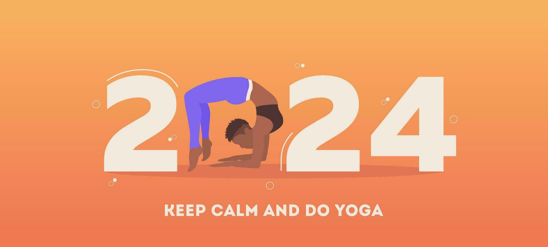 contento nuevo año tarjeta 2024. sano niña haciendo yoga pose. mujer practicando yoga como un parte de el número 2024 signo. vector bandera o ilustración