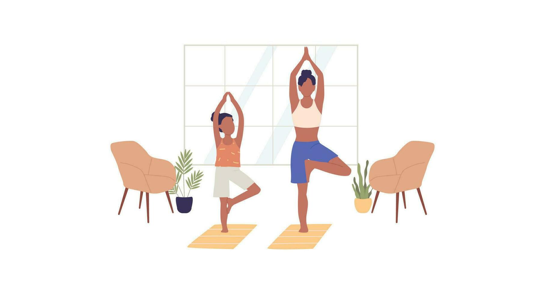 Mom and kid practicing yoga. Healthy woman and girl during workout. Mother and daughter doing physical exercises. Vector illustration isolated on the white background