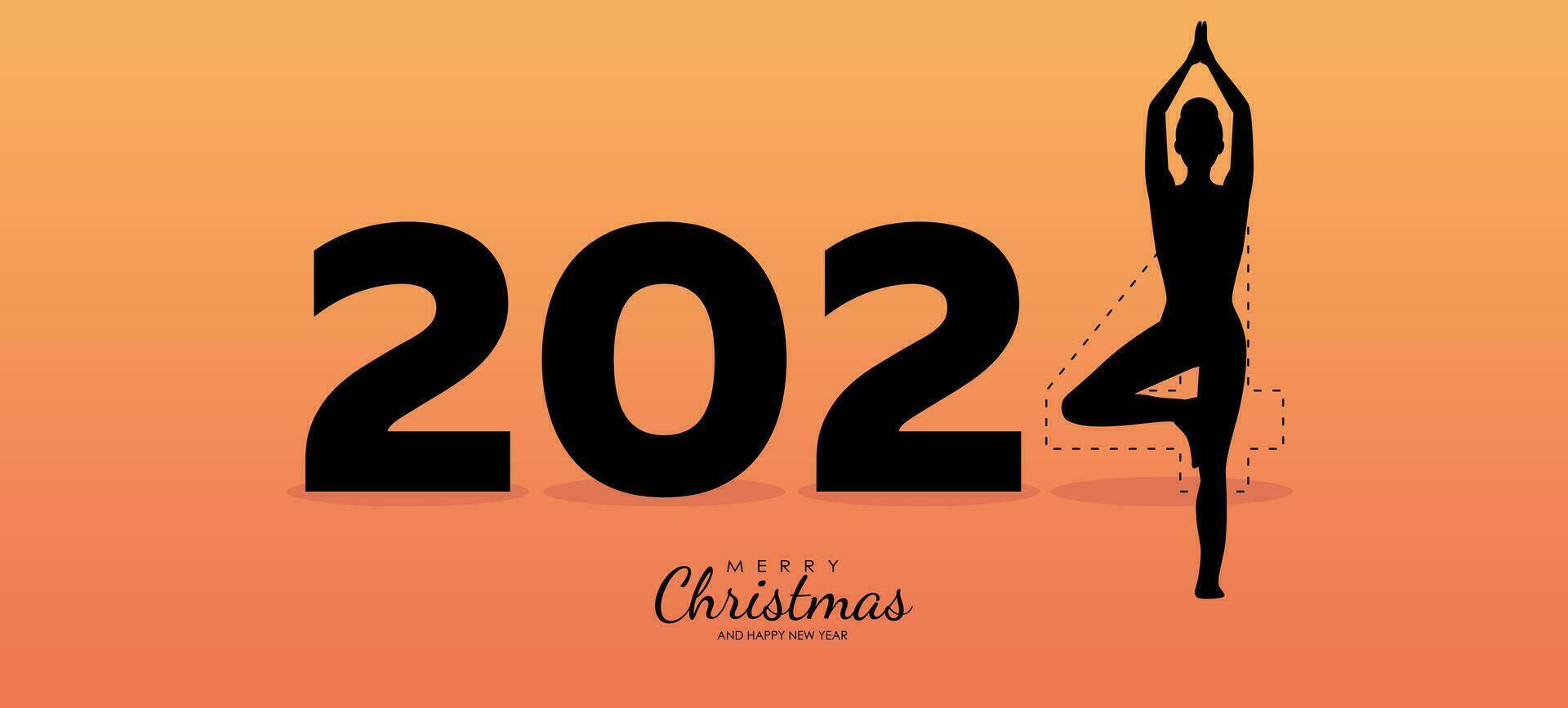 Happy new year card 2024. Silhouette of healthy girl doing Yoga Tree pose on the sunset sky background, woman practicing yoga as a part of the Number 2024 sign. Vector illustration