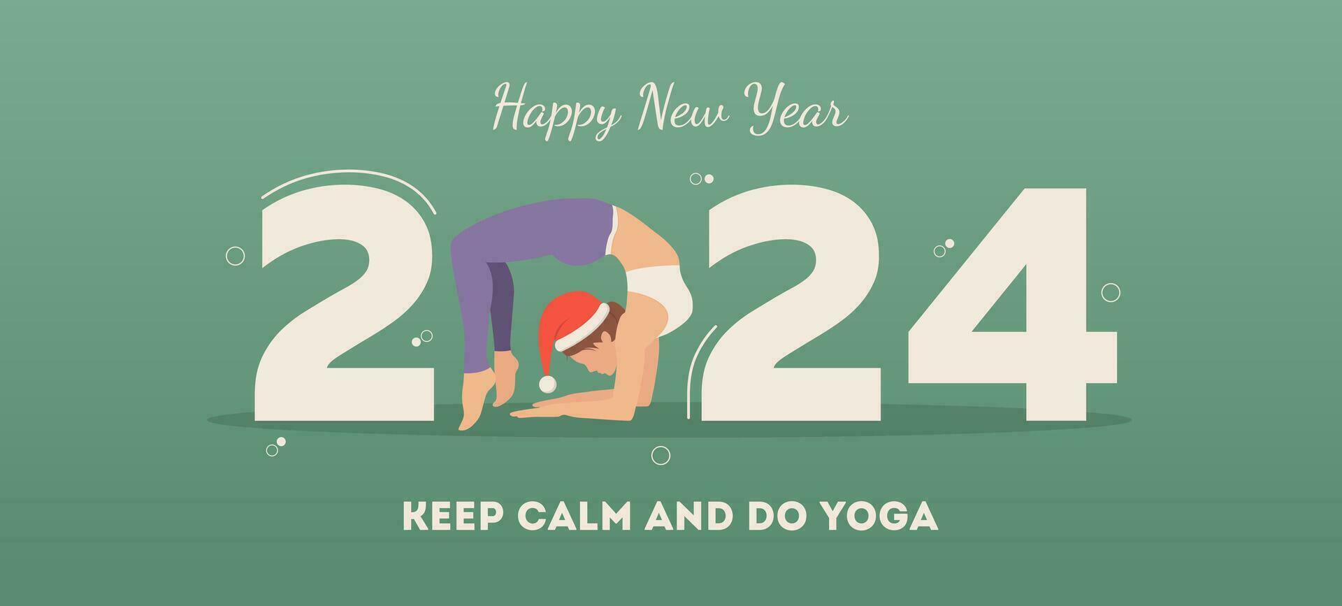 contento nuevo año tarjeta 2024. sano niña haciendo chacrasana yoga pose. mujer practicando yoga como un parte de el número 2024 signo. vector bandera o ilustración