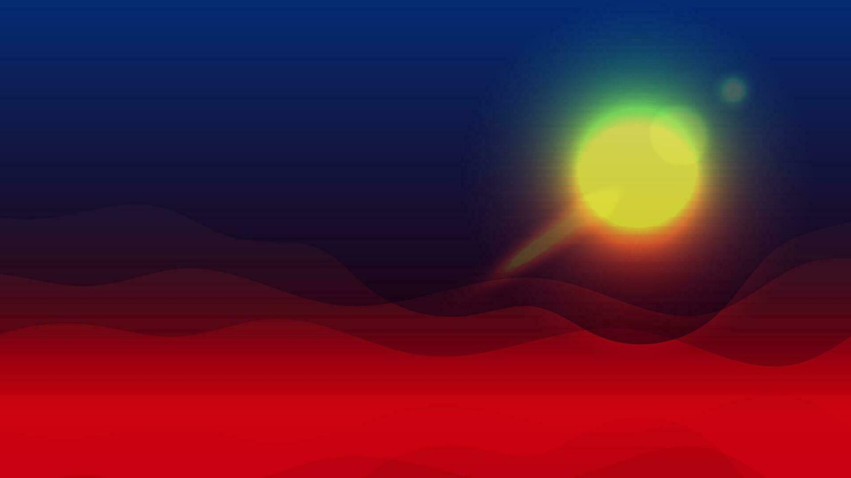 Vector Illustration Night Sky Background Dark Blue Black gradient Red Clouds shine Yellow Sun Moon