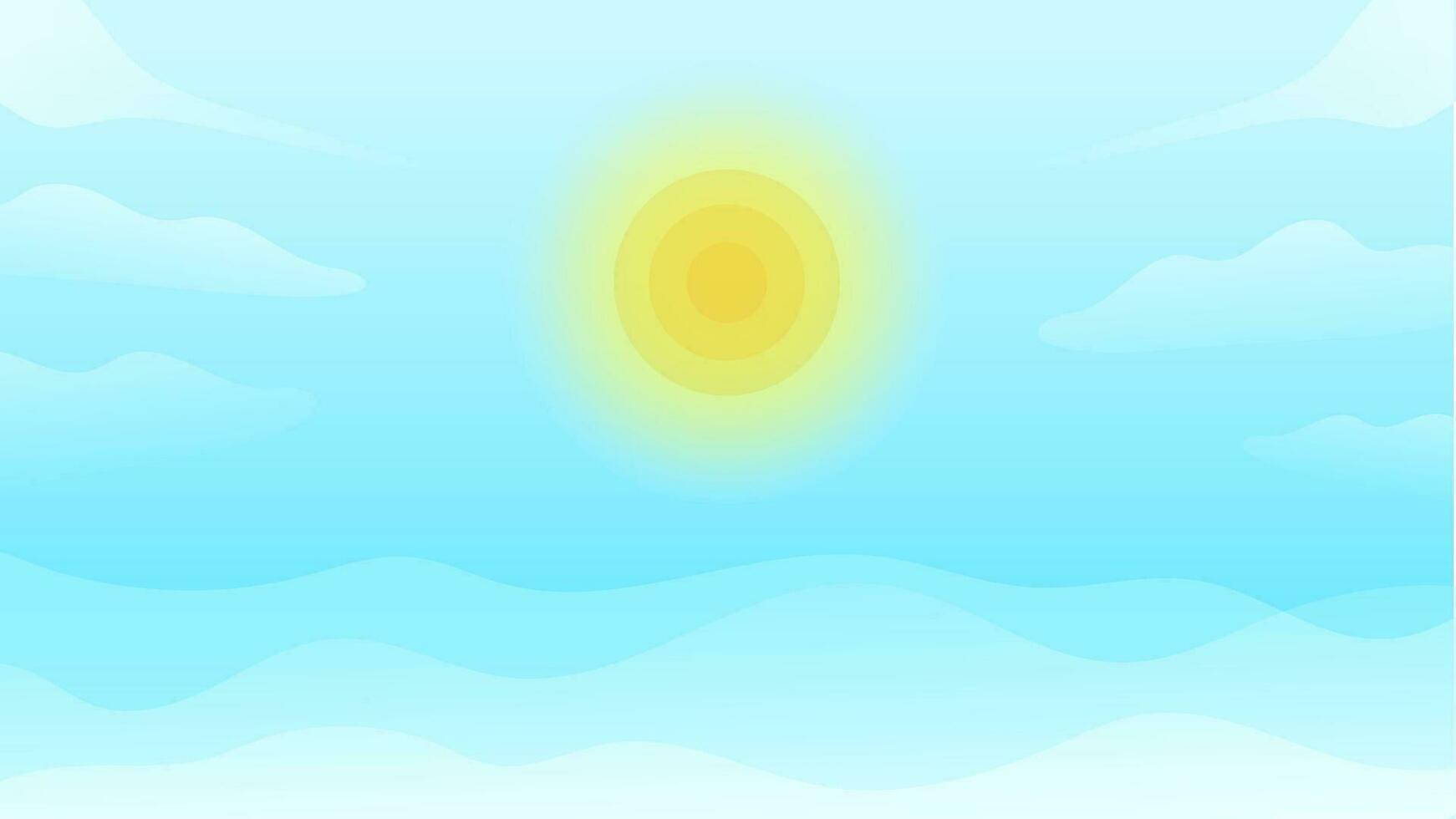 Vector Illustration of Light Blue Sky Background with White Clouds and Glowing Yellow Sun 3D wave