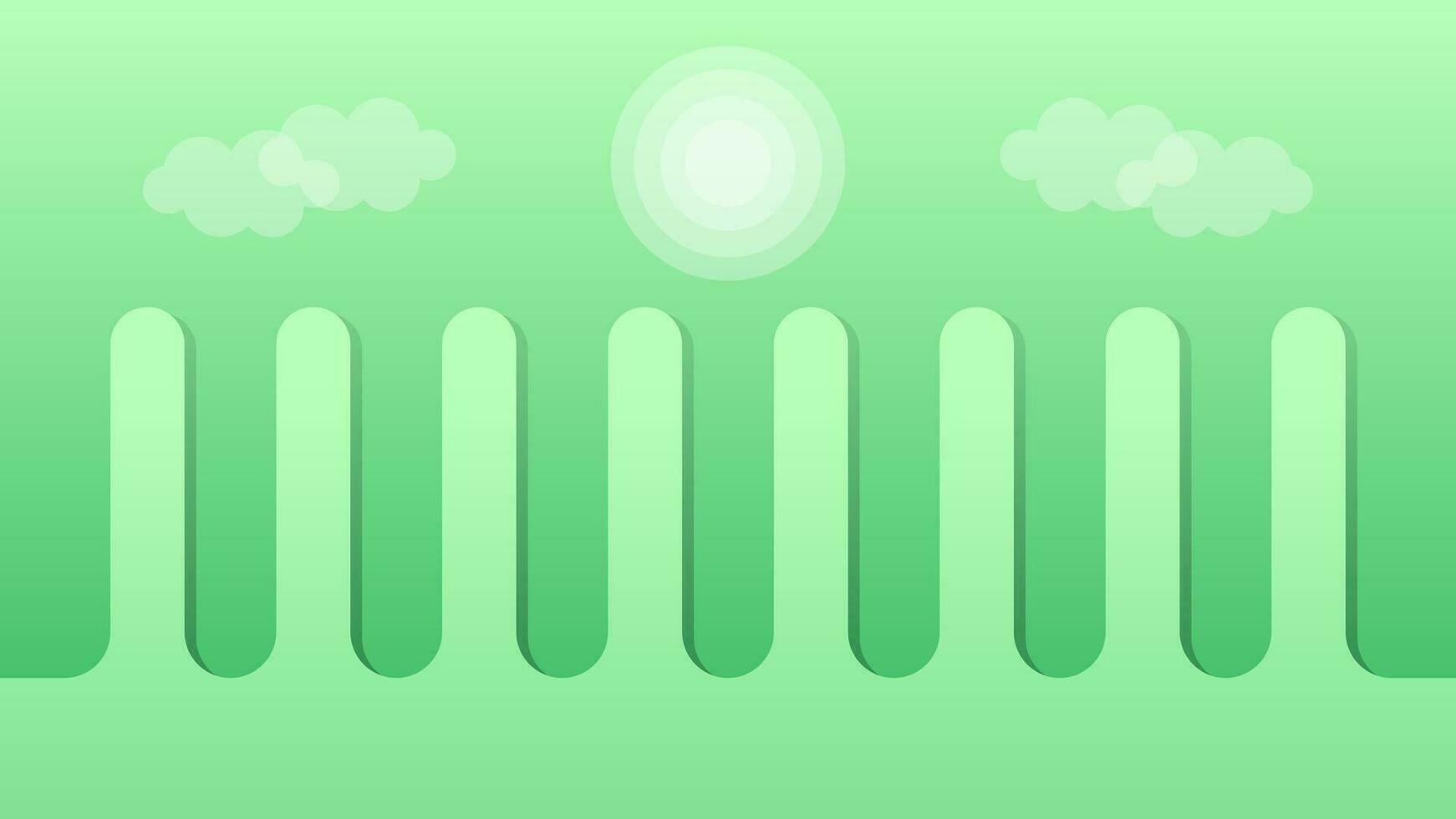 Abstract Green Background with Simple Sun, Clouds, and Tree Elements light dark green geometric 3d vector