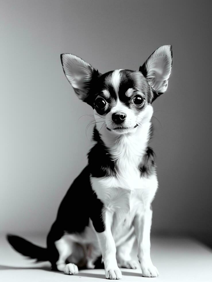 Happy Chihuahua Dog Black and White Monochrome Photo in Studio Lighting