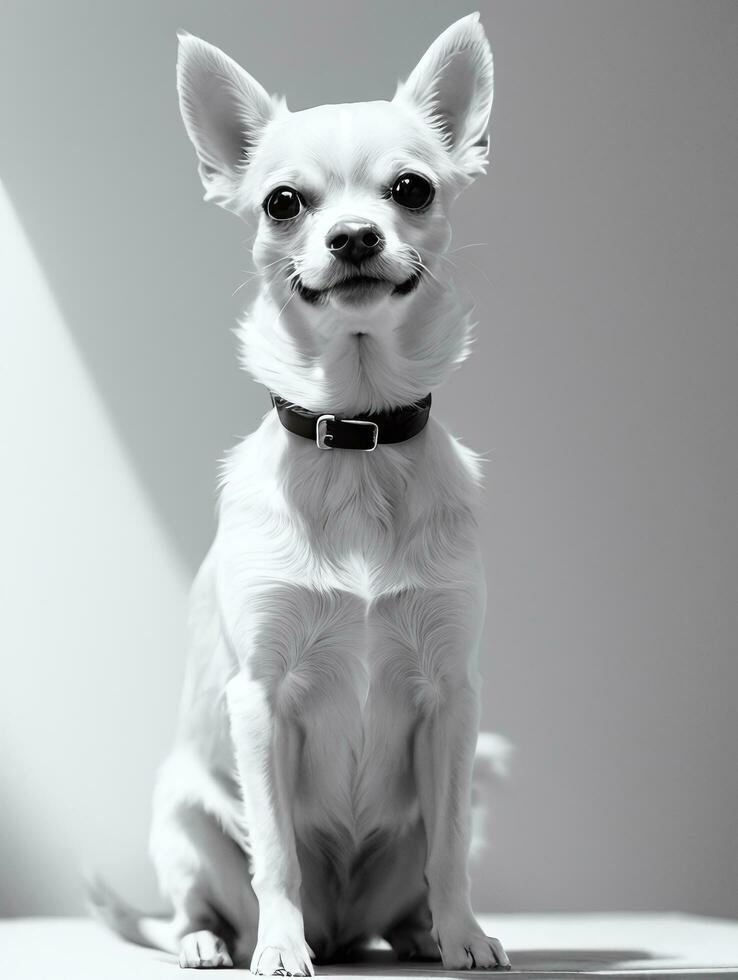 Happy Chihuahua Dog Black and White Monochrome Photo in Studio Lighting