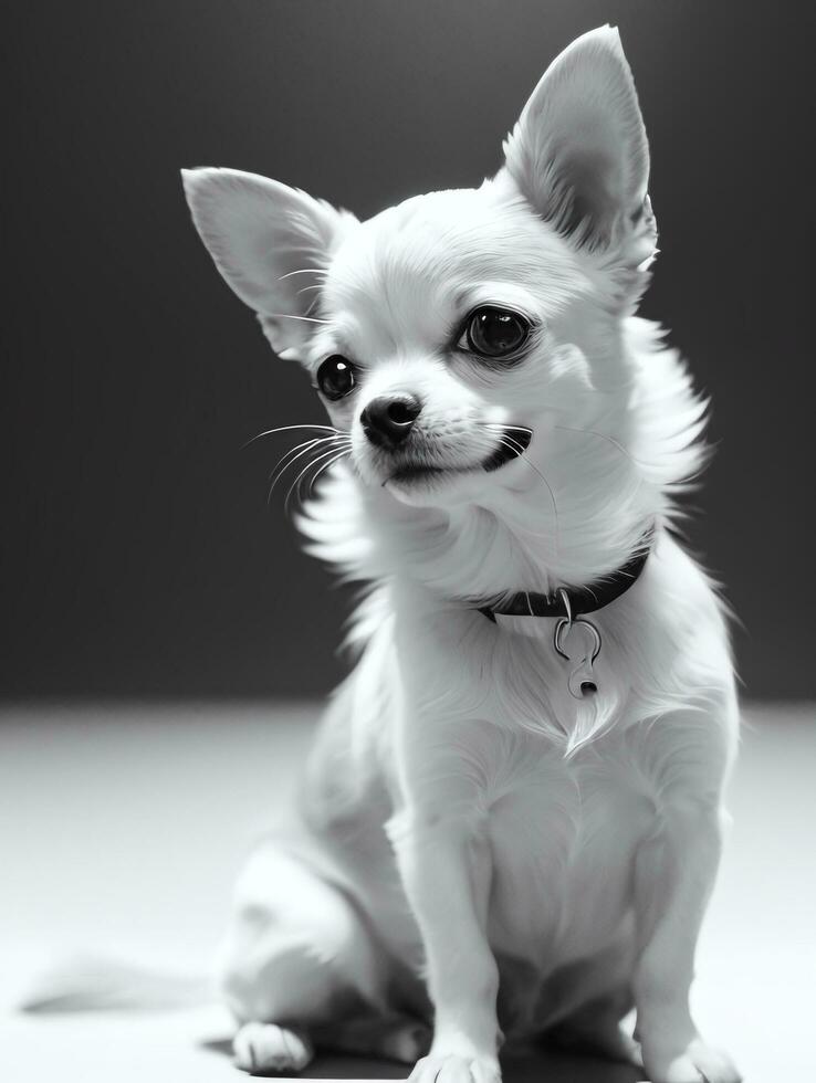 Happy Chihuahua Dog Black and White Monochrome Photo in Studio Lighting