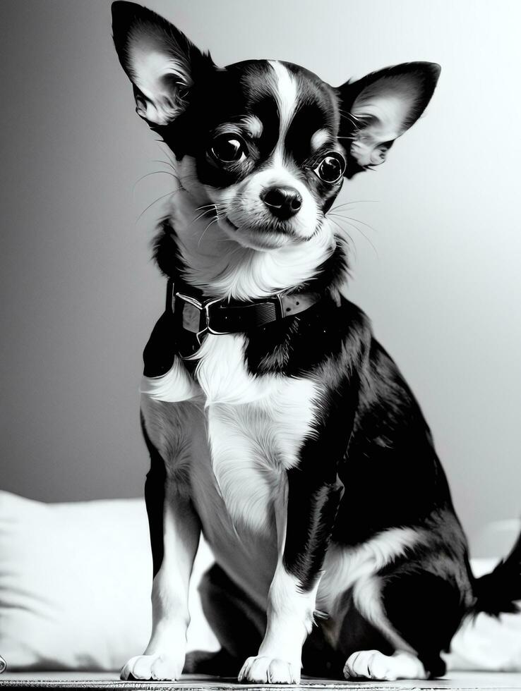 contento chihuahua perro negro y blanco monocromo foto en estudio Encendiendo