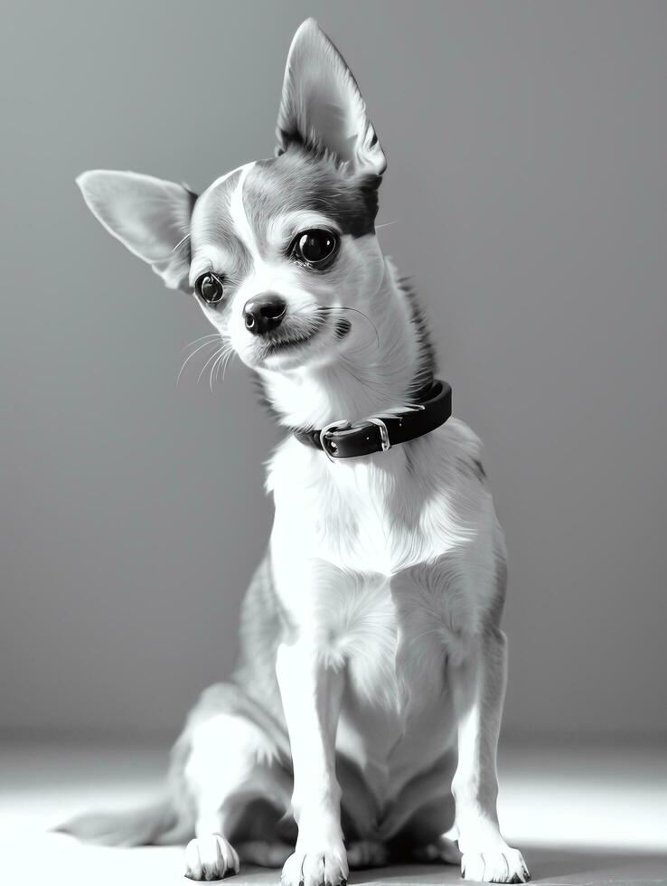 Happy Chihuahua Dog Black and White Monochrome Photo in Studio Lighting