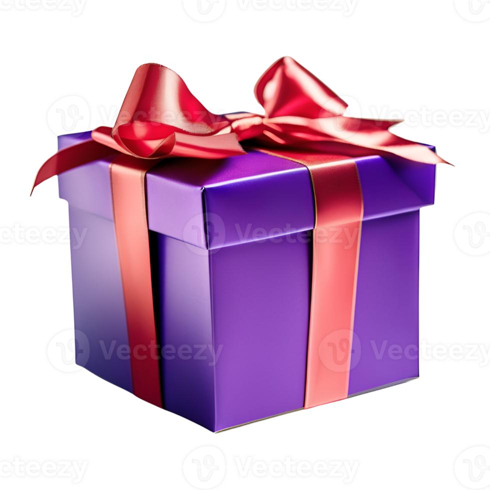 Purple Gift Box with Red Ribbon Bow. AI Generative png